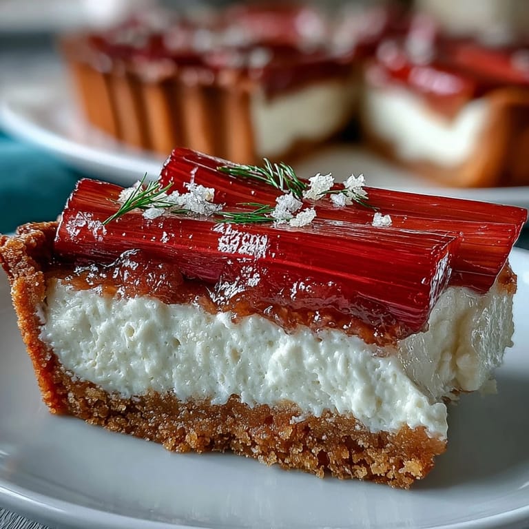 Slices of homemade white chocolate and elderflower tart show off a crisp crust and tangy roasted rhubarb garnish.