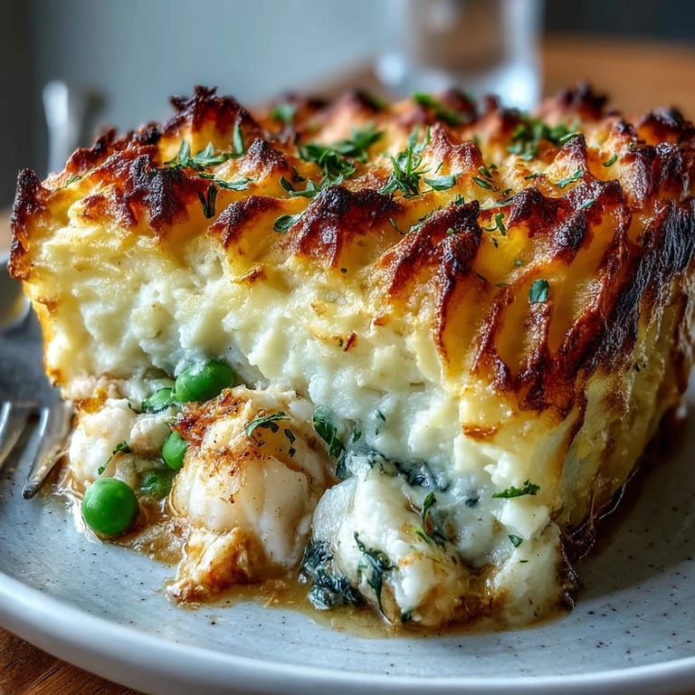 A spoon lifts from the savory Curried Fish Pie, revealing tender shrimp and cod in a rich yellow curry sauce.