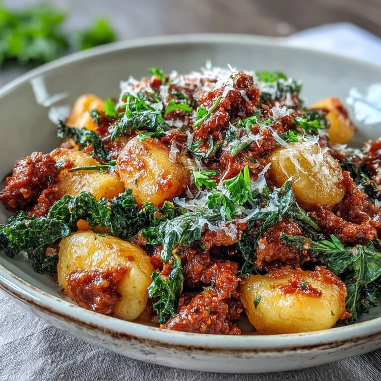 Sausage Gnocchi with Kale, served in a rustic bowl, fork-ready bites coated in a hearty, savory sauce.