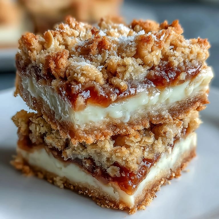Rustic Rhubarb and Custard Crumble Bars served on a plate with a dusting of powdered sugar.