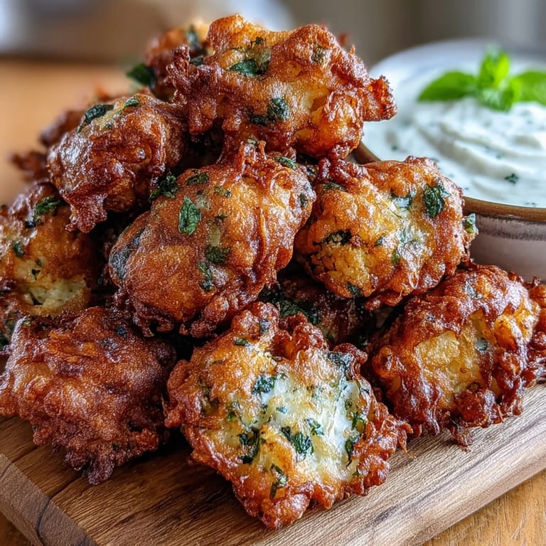 These spiced cauliflower bhajis are served hot and crispy next to a cooling yogurt sauce.