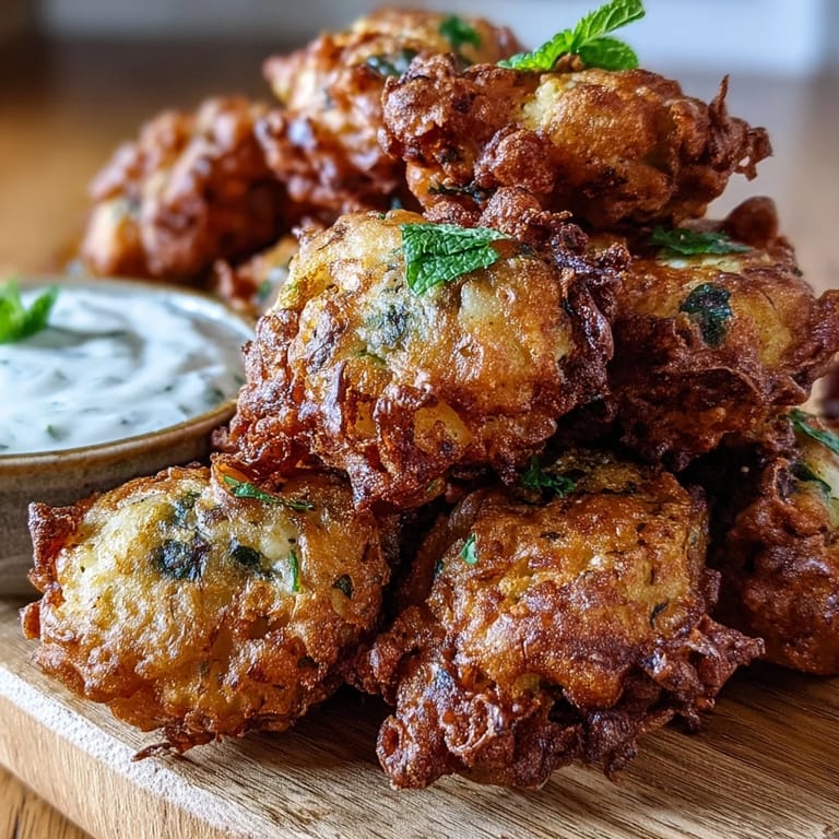 A close-up of golden Cauliflower Bhajis, highlighting the crispy chickpea flour batter and fresh herbs.