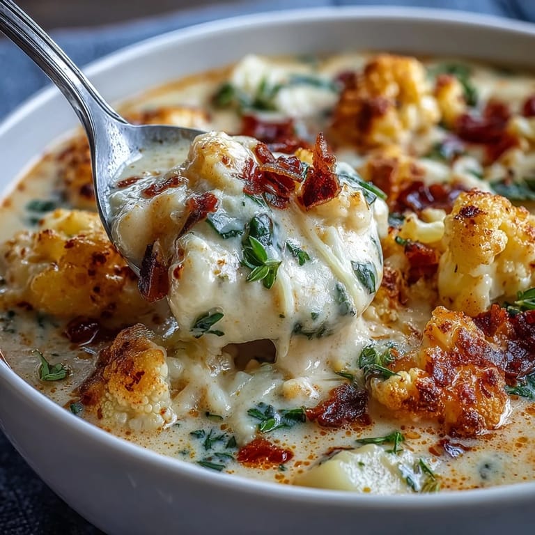 Vegetarian Cauliflower Chowder garnished with red pepper flakes and fresh herbs, creamy texture visible with chunky vegetable pieces in a white ceramic bowl.