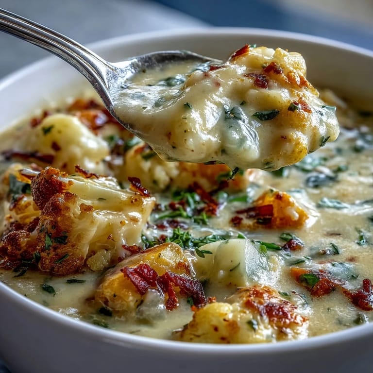 Steaming hot pot of Vegetarian Cauliflower Chowder featuring tender potatoes and carrots, a hearty vegetarian meal perfect for a cozy weeknight dinner.