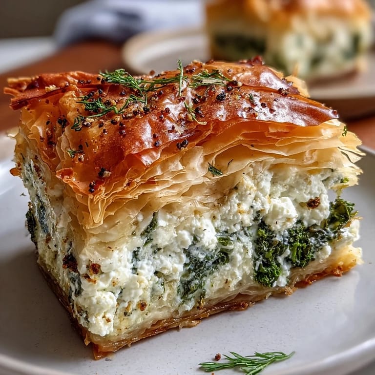 A close-up of baked Feta and Kale Börek, highlighting the crisp filo pastry layers and bright green kale filling.