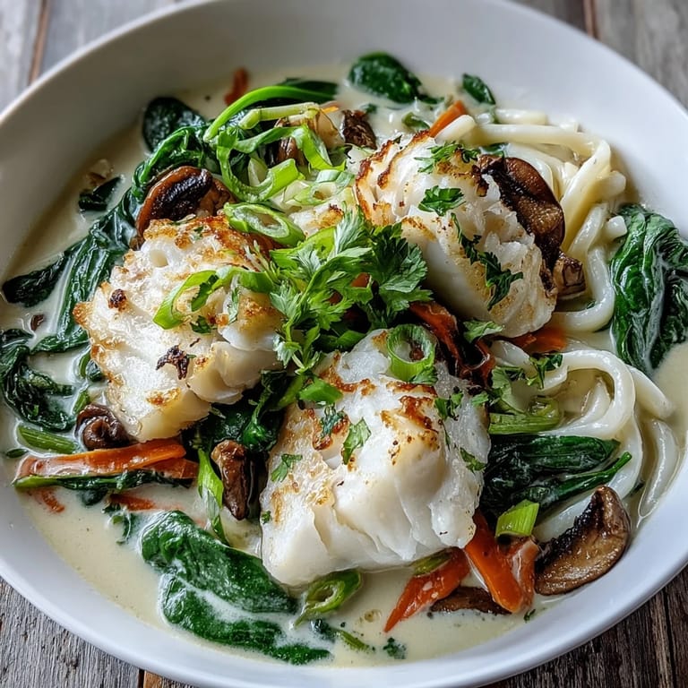Vibrant orange carrots and earthy shiitake mushrooms swim in the fragrant, spicy coconut broth alongside tender poached cod and udon.