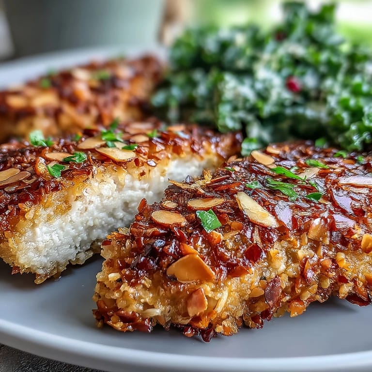 Freshly baked Almond-Crusted Chicken garnished with parsley, served alongside a colorful mix of kale, red onions, and cherry tomatoes.