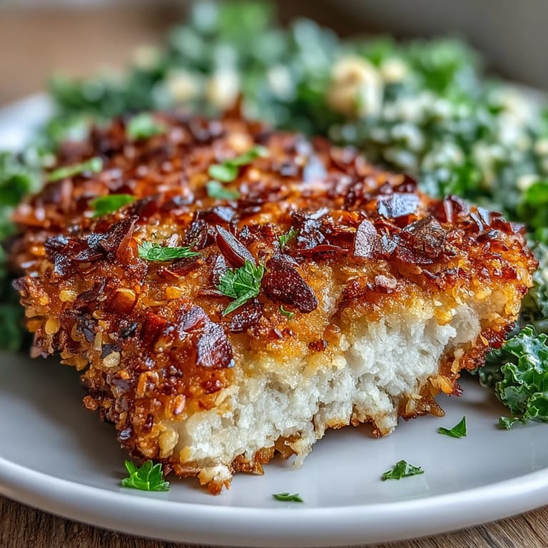 A plated serving of Almond-Crusted Chicken with a fork, set beside a rustic bowl of marinated kale and sumac salad.