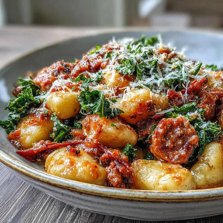 Sausage Gnocchi with Kale, garnished with fresh basil and extra Parmesan, paired with a glass of red wine.