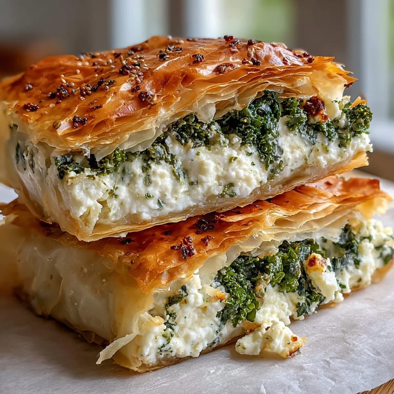Freshly baked Feta and Kale Börek tart, revealing savory feta cheese and kale mixture inside the golden pastry.