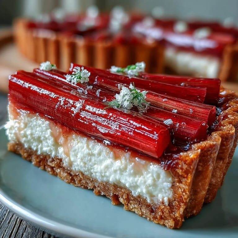 The finished Rhubarb, White Chocolate, and Elderflower Tart sits on a marble board with sliced rhubarb nearby.