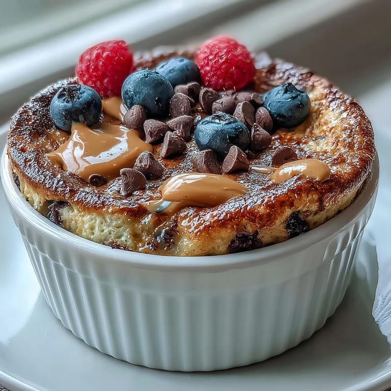 Single-serve Baked Protein Pancake Bowl with a moist, fluffy center, topped with chocolate chips and chopped nuts, ready to enjoy with a spoon and a drizzle of honey.