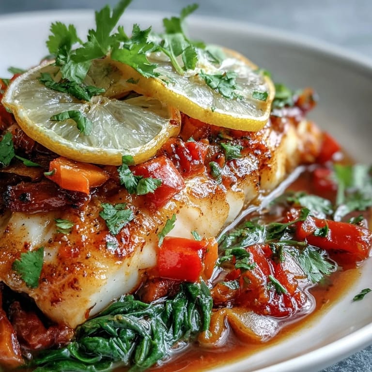 A close-up of Spiced Cod One Pot garnished with fresh cilantro and lemon wedges served over fluffy steamed rice.