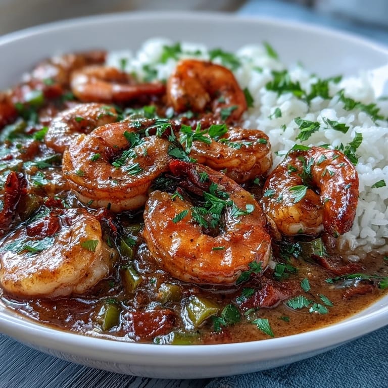 Spoon-ready Classic New Orleans Étouffée featuring tender shrimp in a dark, cayenne-spiced gravy over fluffy white rice.