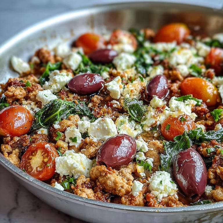 A sizzling Mediterranean Keto Ground Chicken Skillet features Kalamata olives and creamy feta for a low-carb dinner.