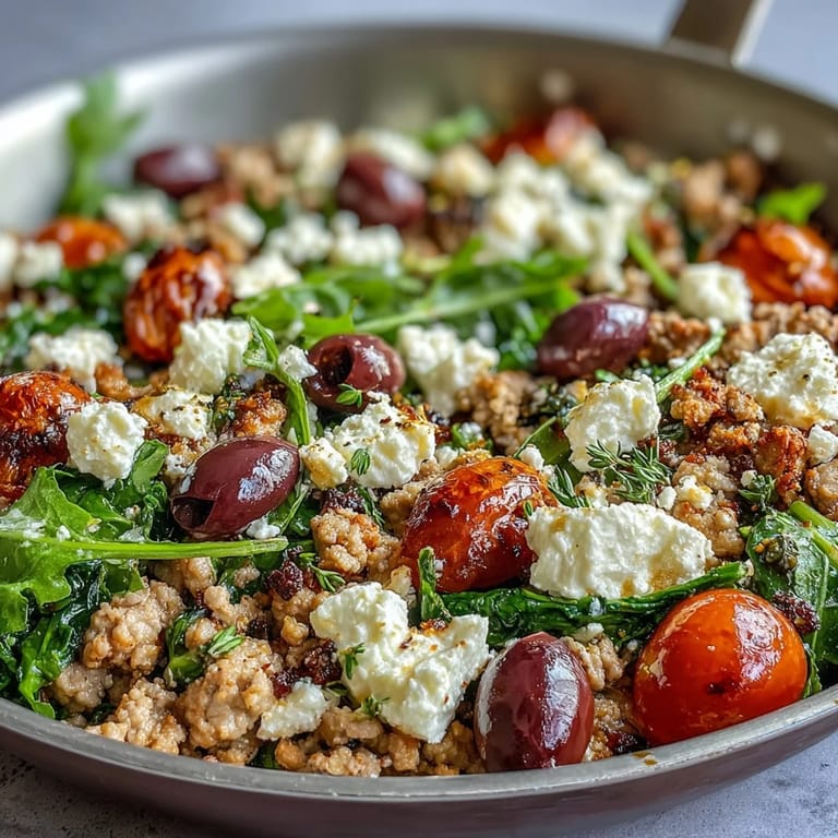Fresh parsley and lemon juice top this Mediterranean Keto Ground Chicken Skillet, served with a side salad for dinner.