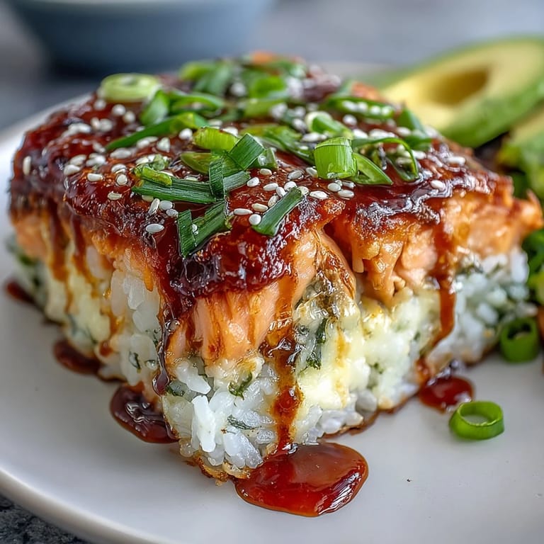 Top-down view of a hearty Spicy Salmon Sushi Bake featuring flaked salmon, nori, and ripe avocado garnish.
