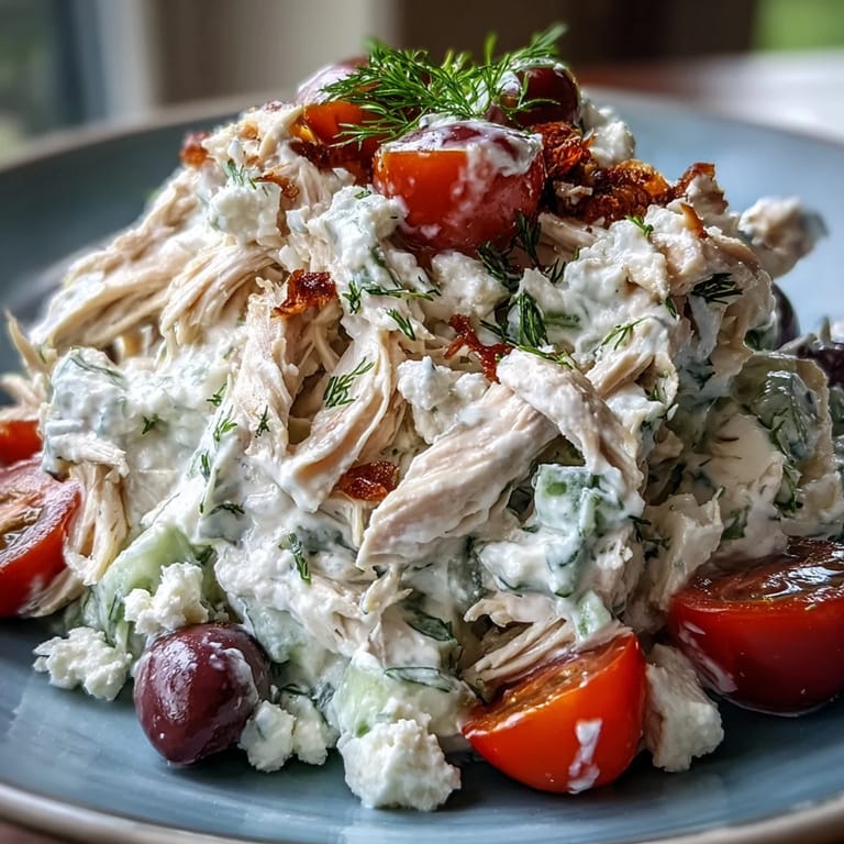 Healthy Tzatziki Chicken Salad plated on fresh spinach leaves with optional feta and olives for a Mediterranean-inspired lunch.