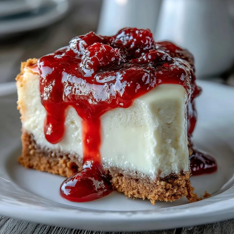 Slices of White Chocolate Raspberry Cheesecake Bliss are plated on a marble counter with vibrant raspberry garnish.