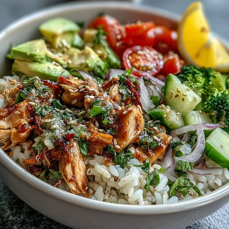 Close-up of a wholesome Rotisserie Chicken Bowl featuring tender shredded chicken, steamed broccoli, and red onion on grains.