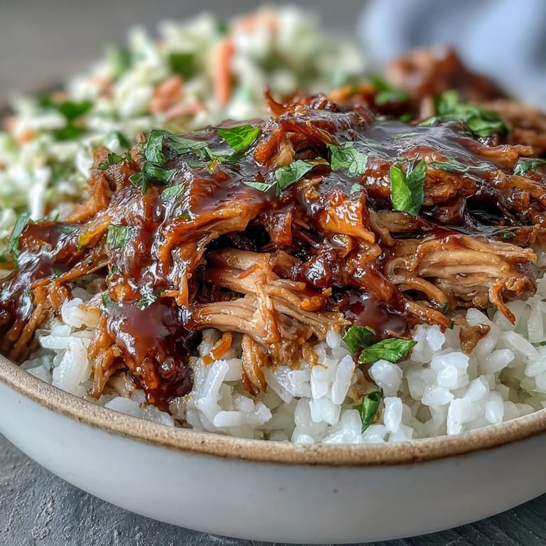 Fluffy rice base with pulled pork and crunchy coleslaw garnish.