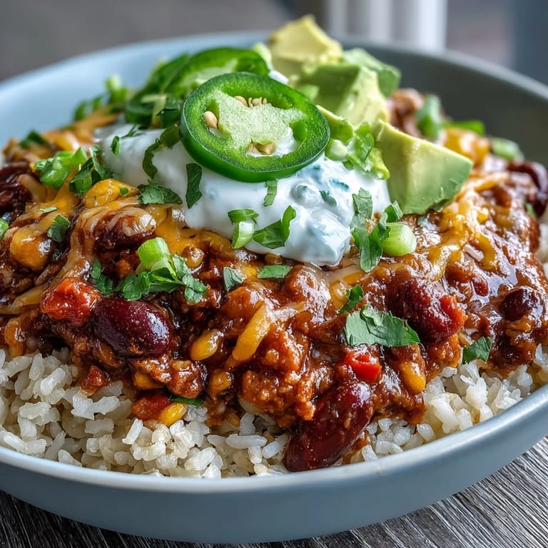 Hearty chili with beans and ground beef served over quinoa, finished with jalapeños and green onions.
