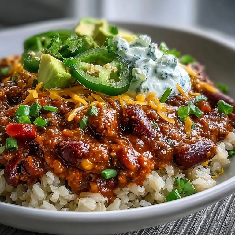 Steaming chili bowl base ladled over brown rice, garnished with cilantro and lime wedges for a fresh finish.