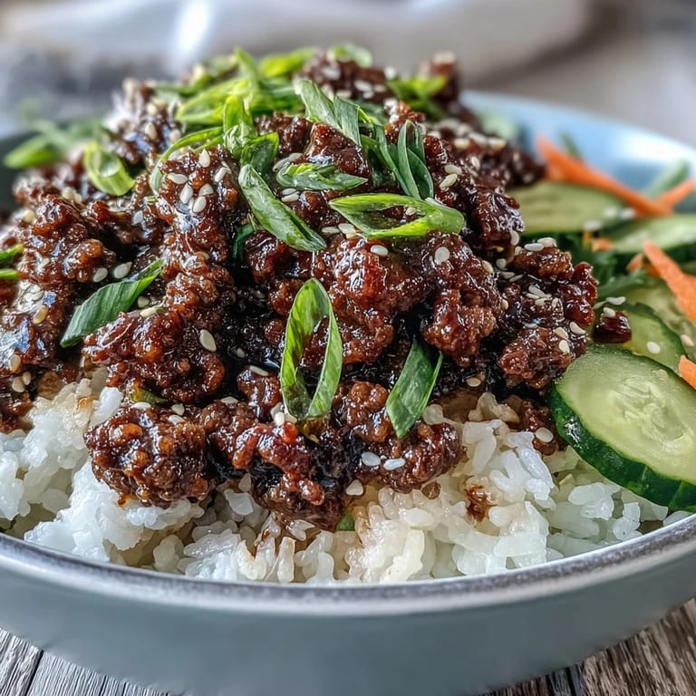 A close-up view shows seasoned Korean ground beef, crisp cucumbers, and vibrant carrots on fluffy cauliflower rice with sesame seeds.