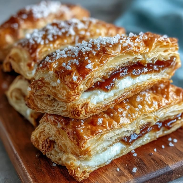 Warm Guava and Cream Cheese Pastelitos served on a plate, their buttery layers complementing the sweet-tart guava paste.  