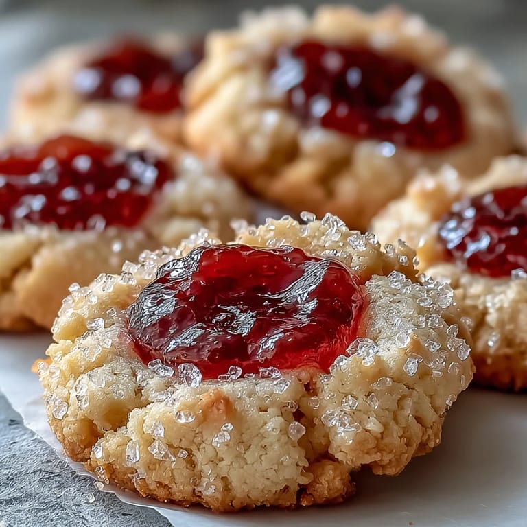 Freshly baked Guava Jam Thumbprint Cookies sit on a rustic wooden board, their buttery crumb texture contrasting with the sticky, sweet-tart guava filling in every bite.
