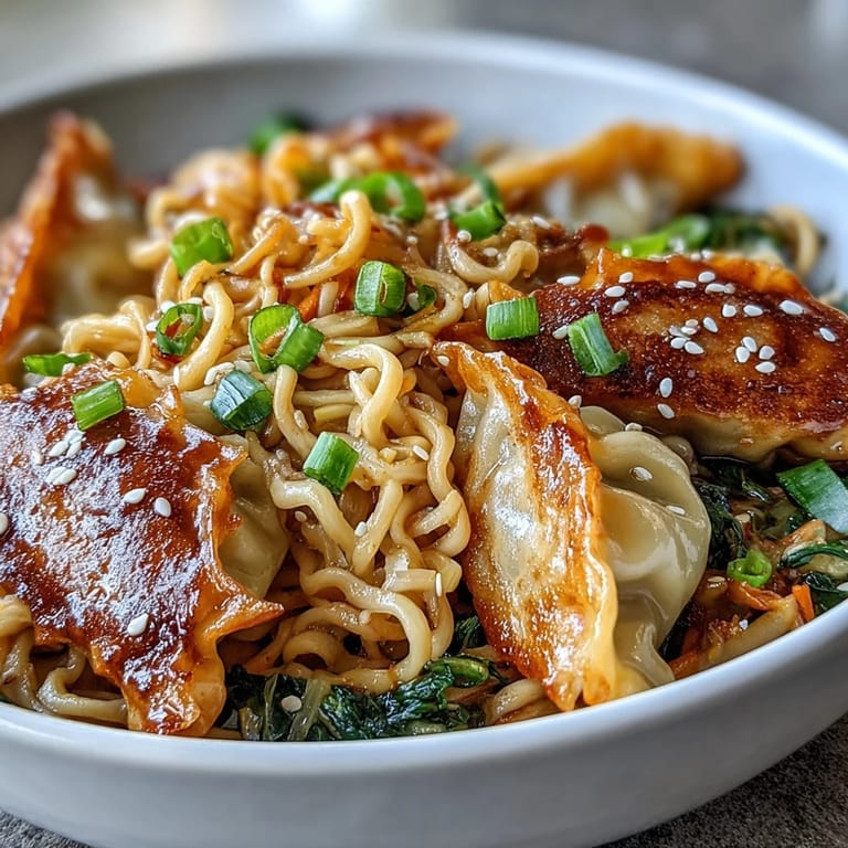 A close look at Potsticker Noodle Bowls reveals sesame-scented lo mein tossed with vibrant red cabbage and spinach, topped with pan-fried dumplings.