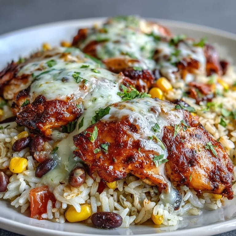 A slice of lime and fresh cilantro garnish this skillet dinner of Pollo Loco Mexican Chicken and Rice with Queso.