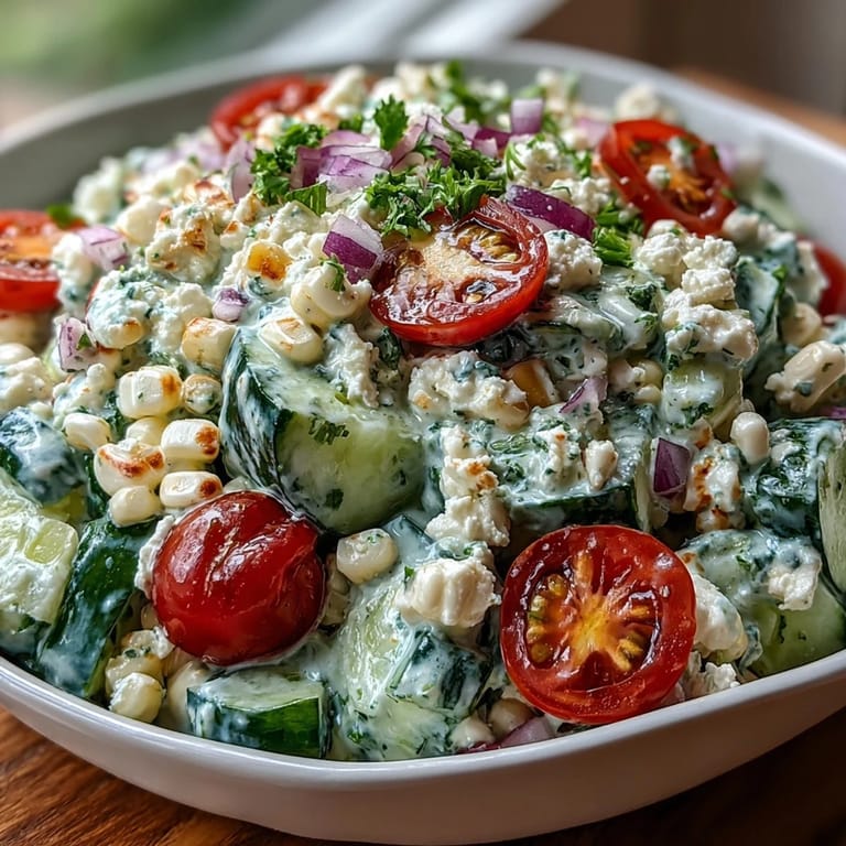 Vibrant Street Corn Creamy Cucumber Salad topped with cilantro and crumbled feta, served as a refreshing side dish.
