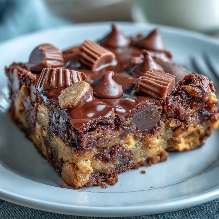 Fudgy slices of Rich Peanut Butter Cup Dump Cake plated with vanilla ice cream and a drizzle of chocolate sauce.