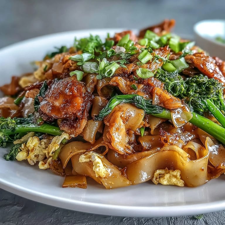 Garnished Authentic Thai Pad See Ew served with lime wedges, ready to be enjoyed for dinner.