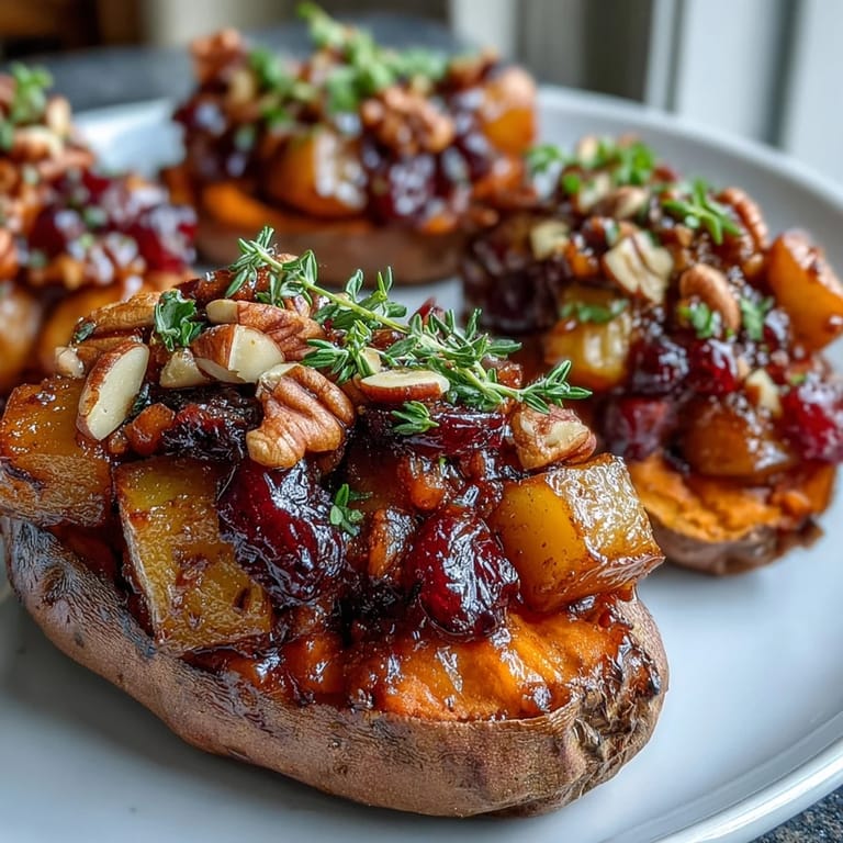 Vibrant Cranberry Apple Twice Baked Sweet Potatoes drizzled with warm maple syrup and served hot.