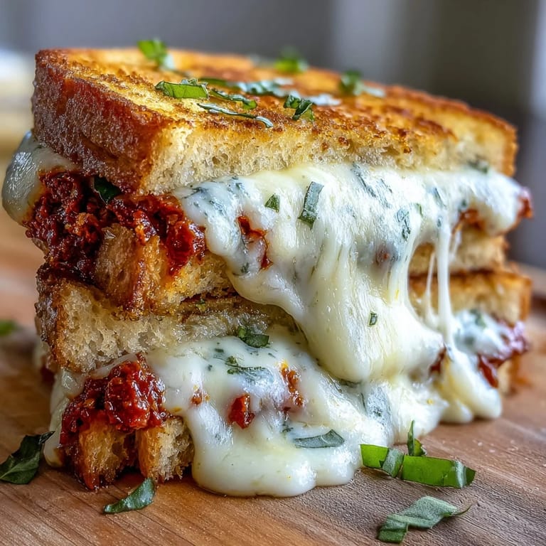 Toasted sourdough slices are generously spread with rich, red pesto for a savory Italian-American fusion.