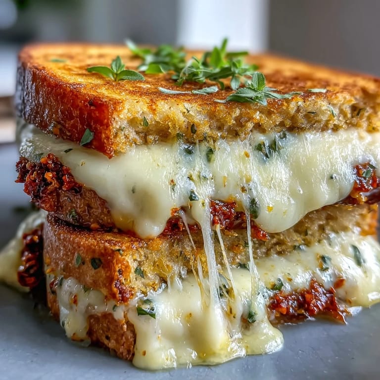 Sizzling sandwich is sliced diagonally to reveal gooey melted cheese, served next to a creamy bowl of tomato soup.