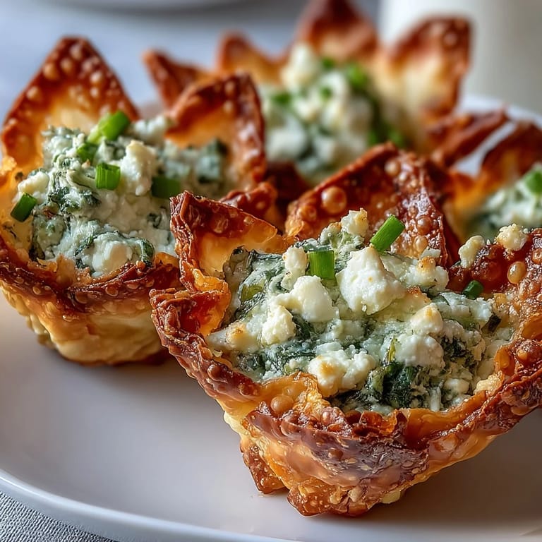 Crispy Spinach Feta Wonton Cups feature flaky, oil-brushed wrappers filled with wilted spinach, garlic, and tangy feta cheese.