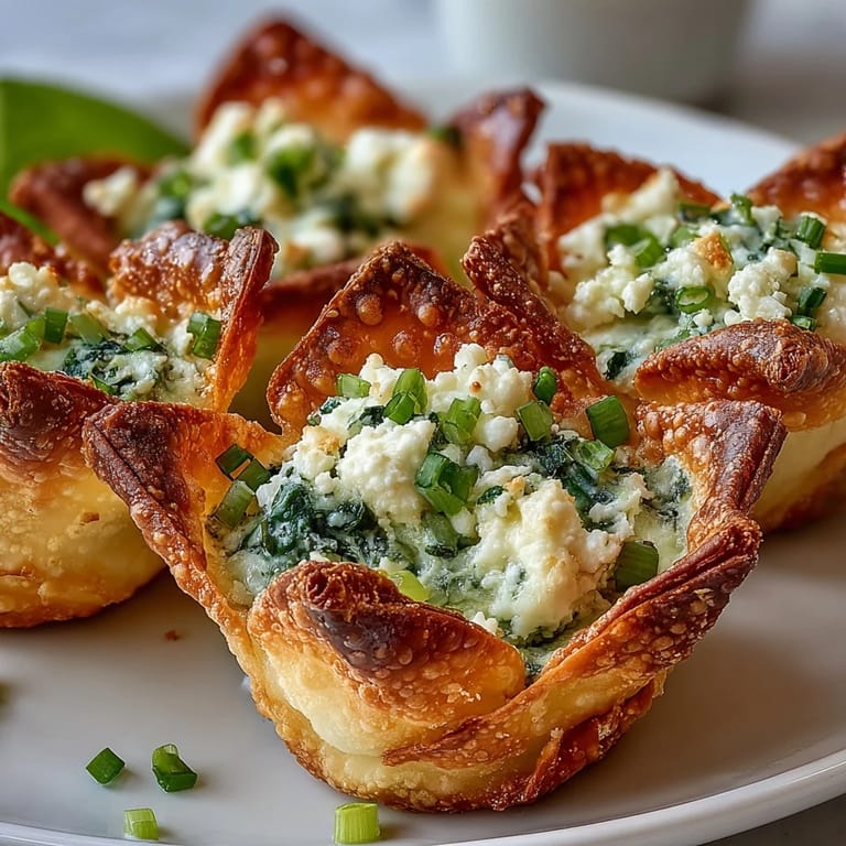 Savory Crispy Spinach Feta Wonton Cups are plated on a dark slate background, garnished with fresh herbs for a tasty appetizer.