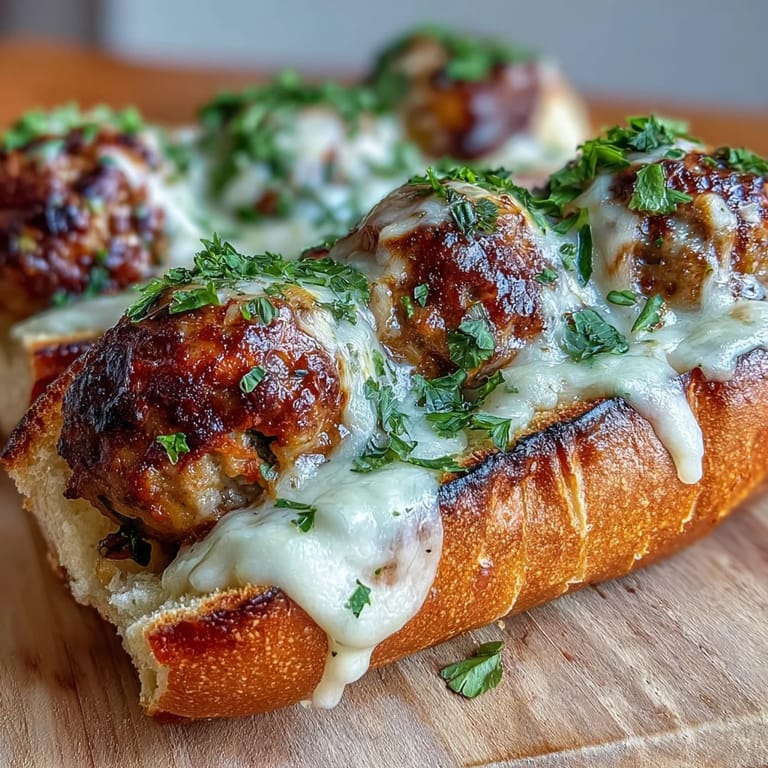 Homemade Garlic Parmesan Turkey Meatball Subs ready to serve, meatballs simmered in creamy sauce with melty mozzarella on rolls.