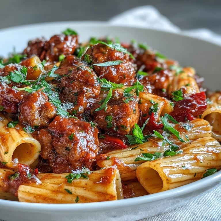 Comforting One-Pot Creamy Red Wine Sausage pasta dish garnished with fresh herbs, ready to serve.