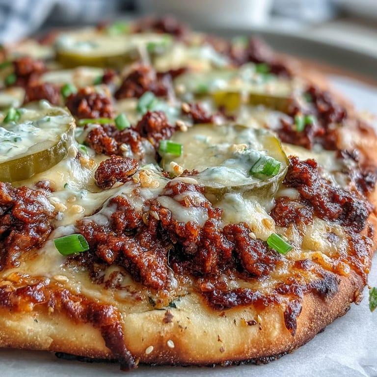 A close-up view of a cheesy Cheeseburger Garlic Naan Pizza topped with dill pickle slices and fresh chives.