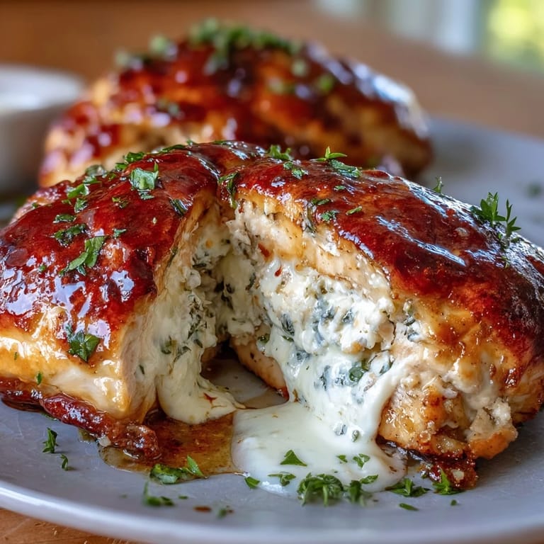 Hot Honey Ricotta Stuffed Chicken brushed with a glossy, sweet-spicy glaze, served alongside roasted asparagus for a perfect weeknight dinner.