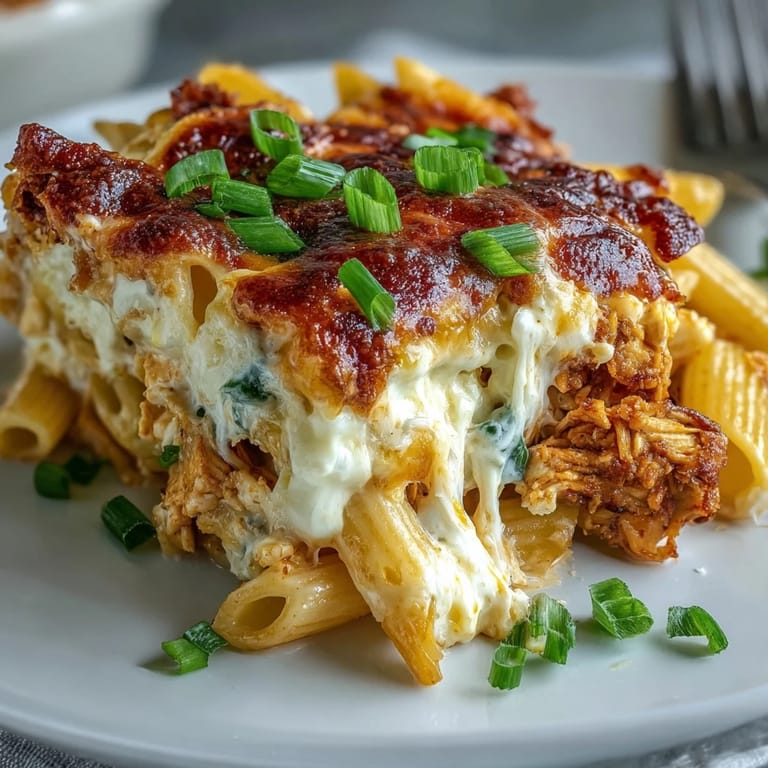 Spoon lifting a hearty portion of Creamy Buffalo Ranch Chicken Pasta Bake, revealing tender chicken and pasta in creamy sauce.