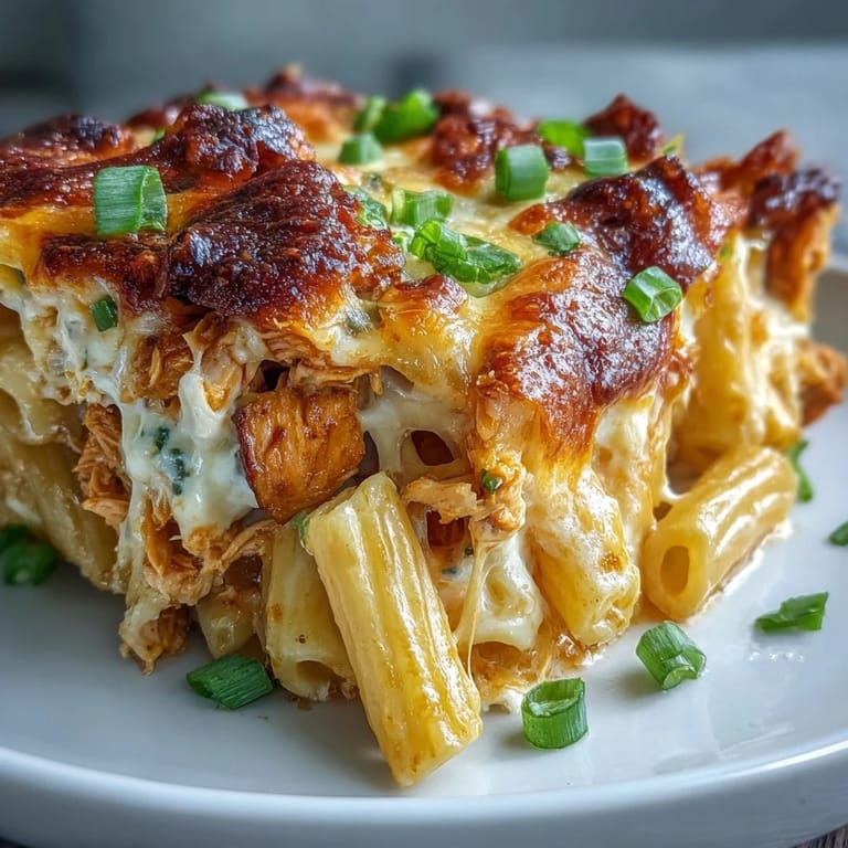 Creamy Buffalo Ranch Chicken Pasta Bake served in a white casserole dish, steam rising from the cheesy, saucy surface.