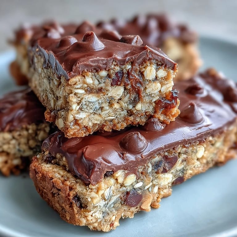 A close-up of Chunky Monkey Protein Baked Oat Bars studded with chopped walnuts and rich chocolate chunks beside a ripe banana.