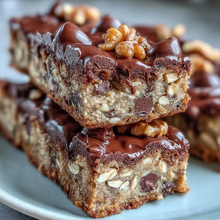 Stack of moist Chunky Monkey Protein Baked Oat Bars with a drizzle of peanut butter and honey, ready for breakfast.