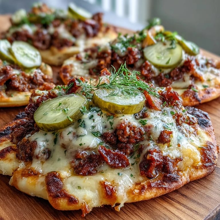 A close view of Cheeseburger Garlic Naan Pizzas shows bubbling cheddar and diced tomatoes on crisp naan.