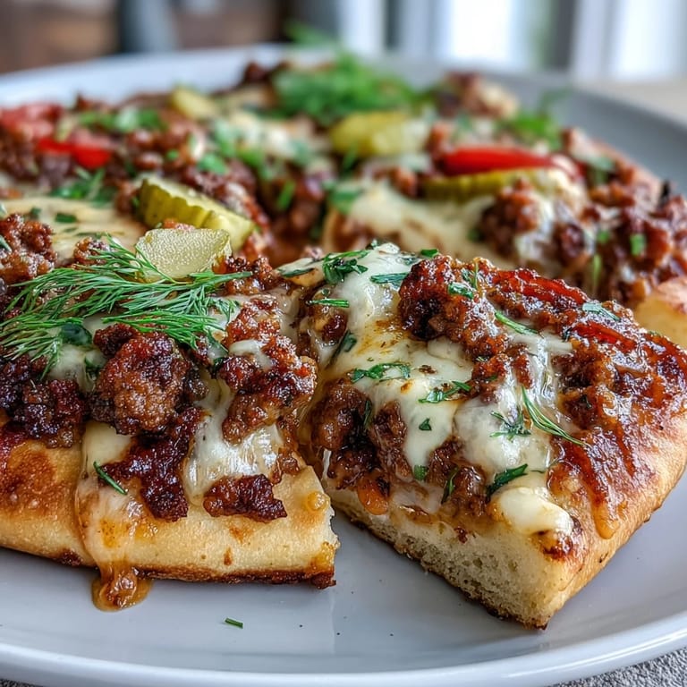 Oven-baked Cheeseburger Garlic Naan Pizzas with ketchup drizzle and fresh chives on a rustic serving platter.
